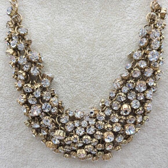 J Crew Clear Crystal Gold Tone Bib Necklace Vintage - Picture 2 of 12